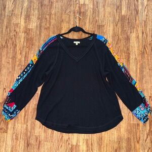 Kori America Long Sleeve Top Black Waffle Knit L Patchwork Sleeves Boho Festival